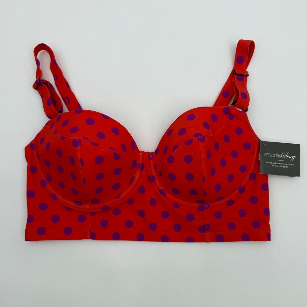 Smart & Sexy Swim Top Purple Polka Dots Padded Underwire Adjustable Straps 36D